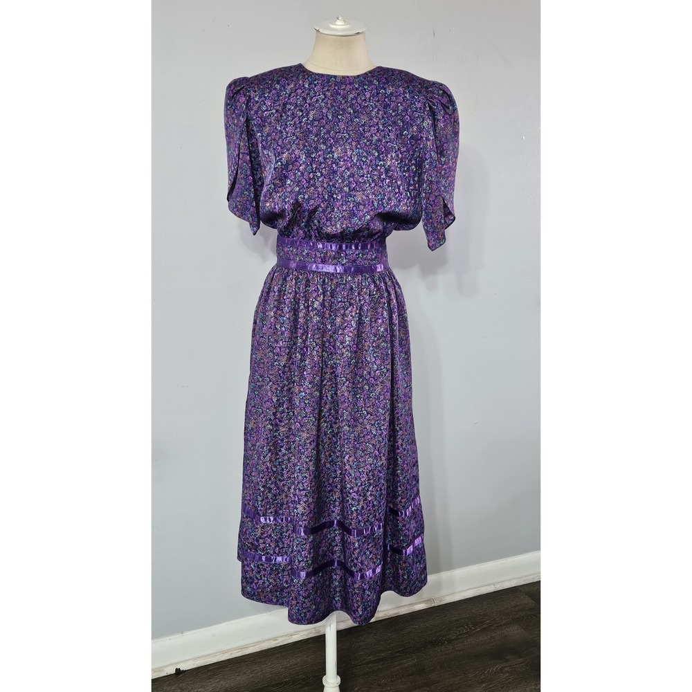 Maggy Boutique Vintage 80s Purple & Green Short Sleeve Midi Dress Size 8